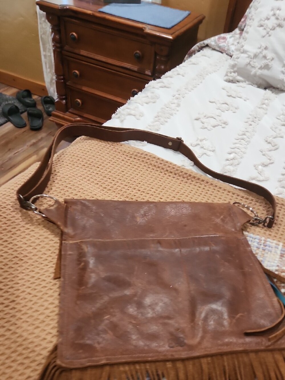 Brown Leather Fringe Crossbody Bag with Teal Croc Accent - Picture 5 of 11
